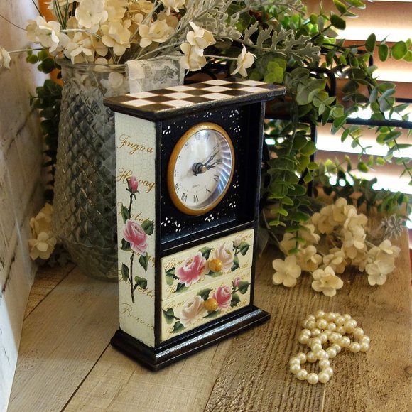 Hand Painted Checks Clock Black White Checkered Frame Clock with Pink Rose Decor - Picture 8 of 10